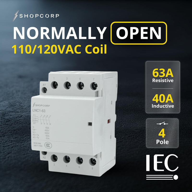 4 Pole Contactor 120v Coil Normally Open (NO) 60 amp IEC 400V AC Contactor - 110/120VAC Coil, Motor Load 40a and Lighting Load 60A, Silent Operation with Mounting Base for DIN Rail 1 Pack