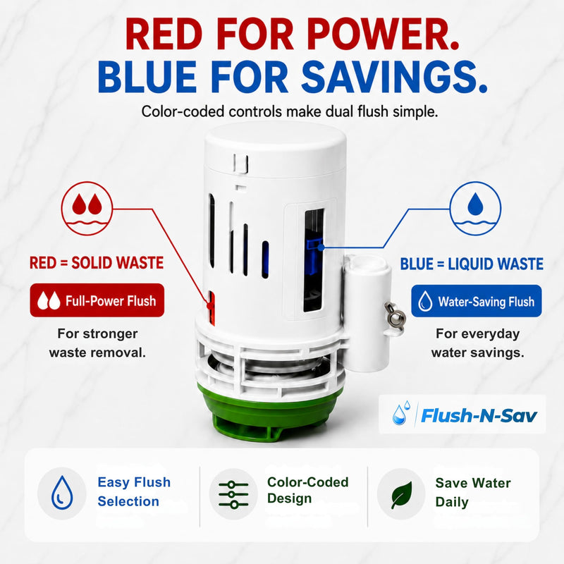 FLUSH -N-SAV 2 - Inch Dual Flush Quick Connect Valve Conversion Kit W/Handle & Overflow Water Conserver, Eliminates The Use Of Leaky Flapper & Chain, Includes 2 Flushing Options. Standard Handle