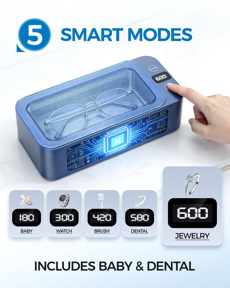 Ultrasonic Jewelry Cleaner Machine Pro | Professional 316 Stainless Steel Tank for Rings, Eyeglasses, Dentures | 500ml Capacity with 5 Time Modes & 3 High Frequencies | Large Capacity /316 SUS Blue
