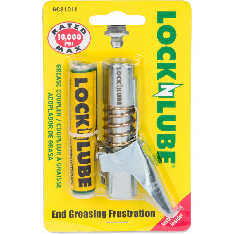 LockNLube Grease Gun Coupler locks onto Zerk fittings. Grease goes in, not on the machine. World's best-selling original locking grease coupler. Rated 10,000 PSI. Long-lasting rebuildable tool. NPT With Spare Rebuild Kit