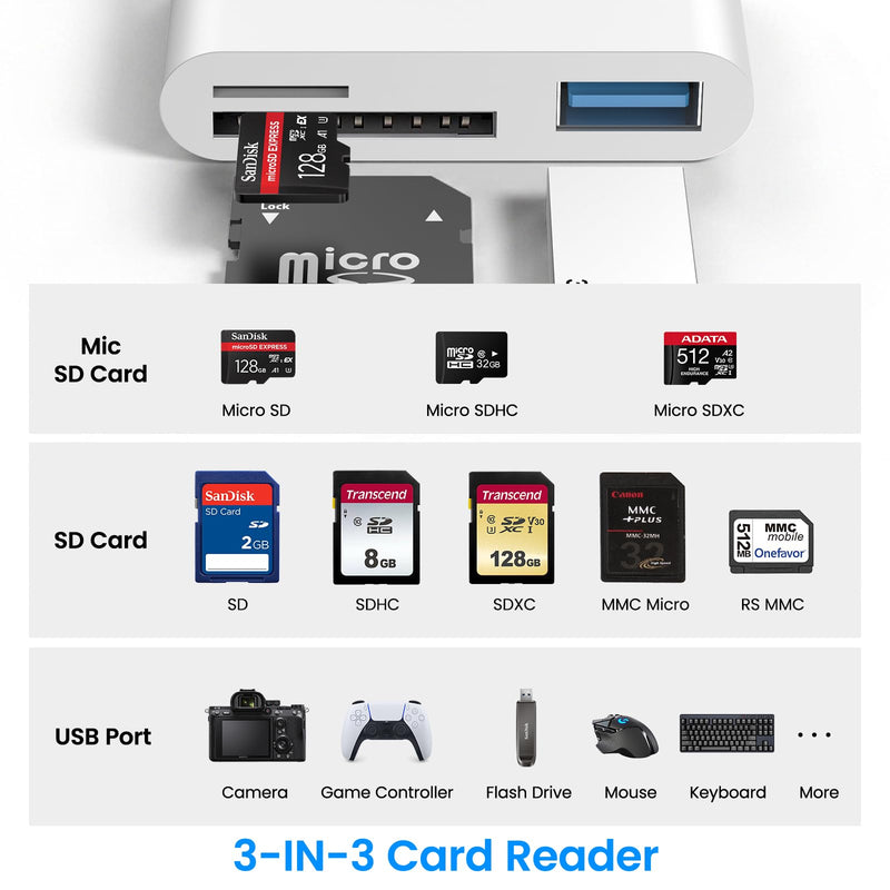 SD Card Reader for iPhone iPad Mac, USB-C & Lightning & USB-A 3-in-1 MicroSD/SD Adapter, High-Speed Plug & Play USB C Memory Card Reader for Digital Camera Trail Camera, USB-A Laptop Computer