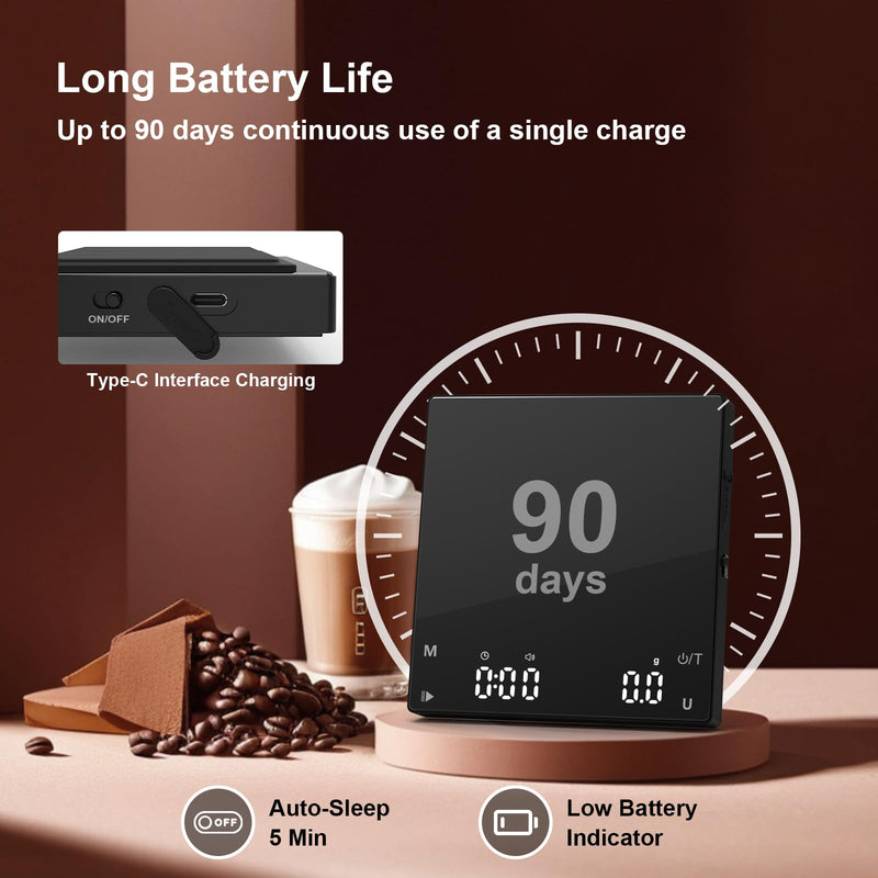 Rechargeable Mini Coffee Scale, Diyife Pour Over Coffee Scale with Timer, 2kg/0.1g Accurate Scale, Auto/Manual Timing, Mini Portable Digital Kitchen Scale for Drip Coffee, Espresso, French Press