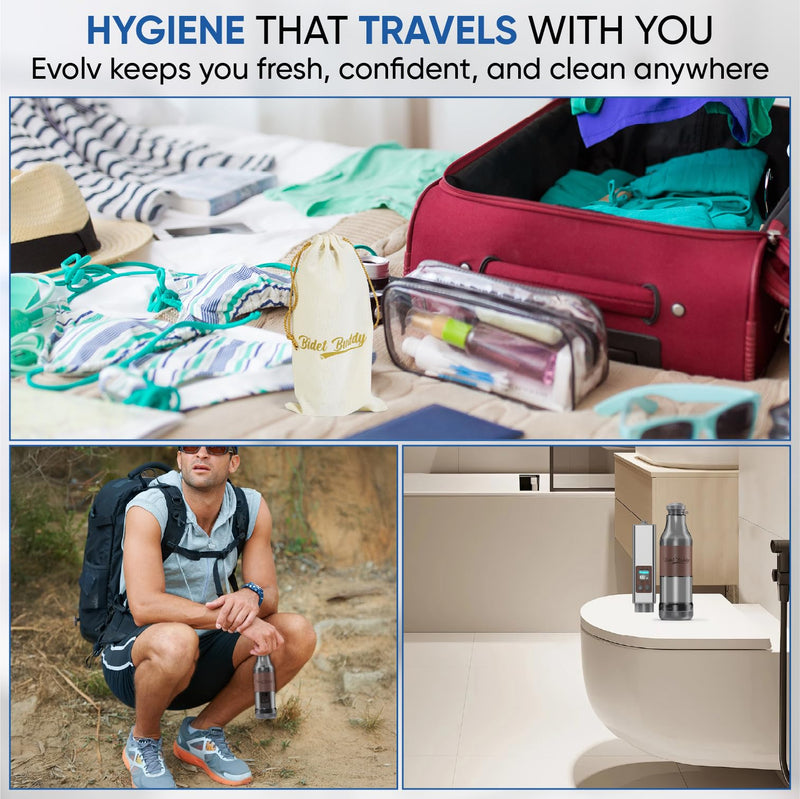 BIDET BUDDY® Evolv Portable Bidet for Travel – 530ml Bottle, Self-Cleaning Retractable Nozzle, 1100mAh Rechargeable, USB C Charging, IPX7 Waterproof with LED Display, 3 Water Flow Modes - Silver