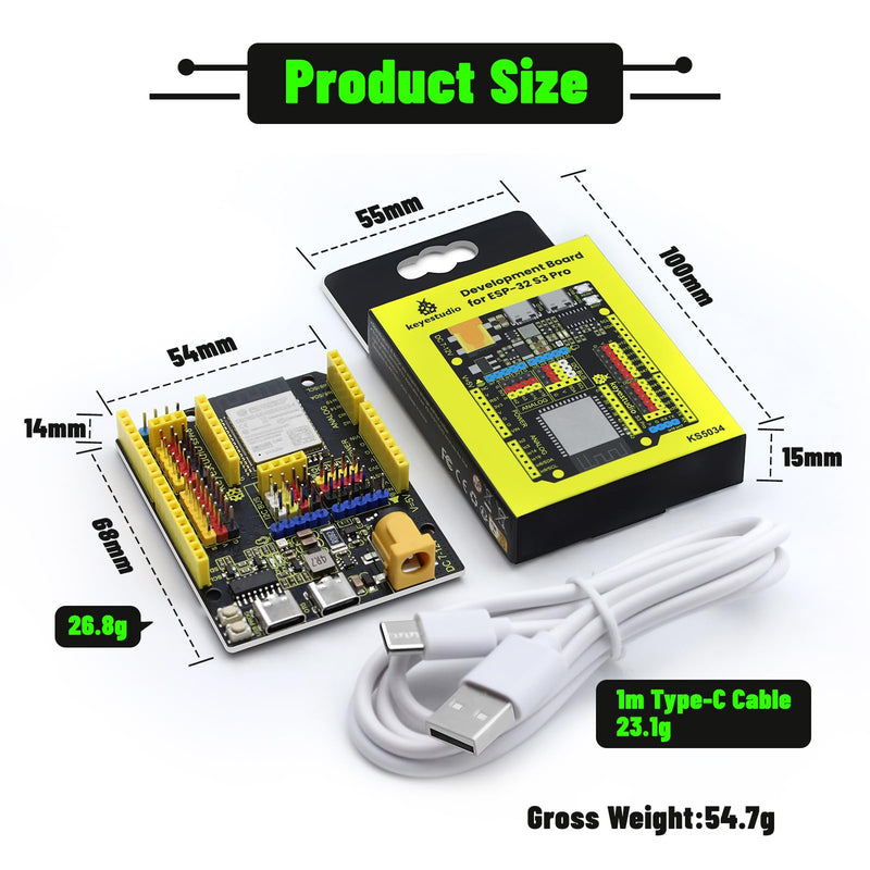 KEYESTUDIO ESP32-S3 PRO Development Board 16MB Flash 8MB PSRAM MicroSD Slot 1.5A GPIO Breakout Dual Type-C, Tutorials for IoT, AI & STEM Education