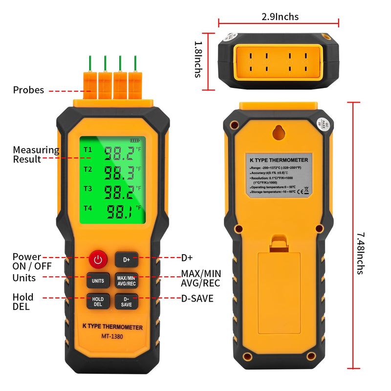 4-Channel K-Type Temperature Thermometer with LCD Backlight Measurement Range- 328℉-2501℉,YMZMeter Data Logger Comes 4 PCS Thermocouple Probe Sensor -104℉-752 ℉ 9V Battery Included. Yellow