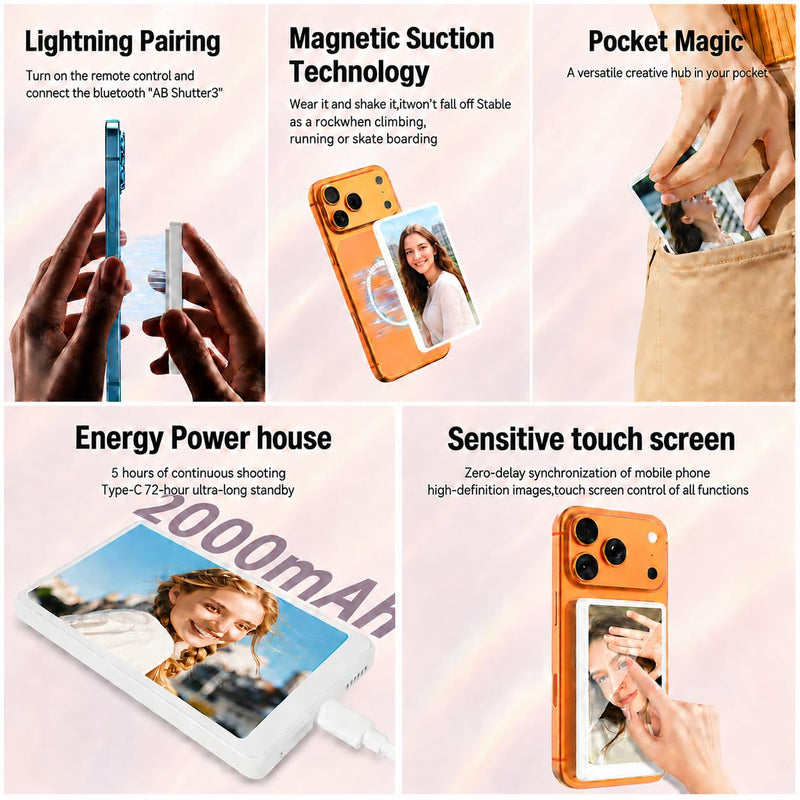 4'' Touchscreen Magnetic Vlog Selfie Monitor for iPhone & Android, 4K Wireless Mirroring Back Camera Screen with Bluetooth Remote Control, Portable Phone Display for YouTube, TikTok, Live Streaming