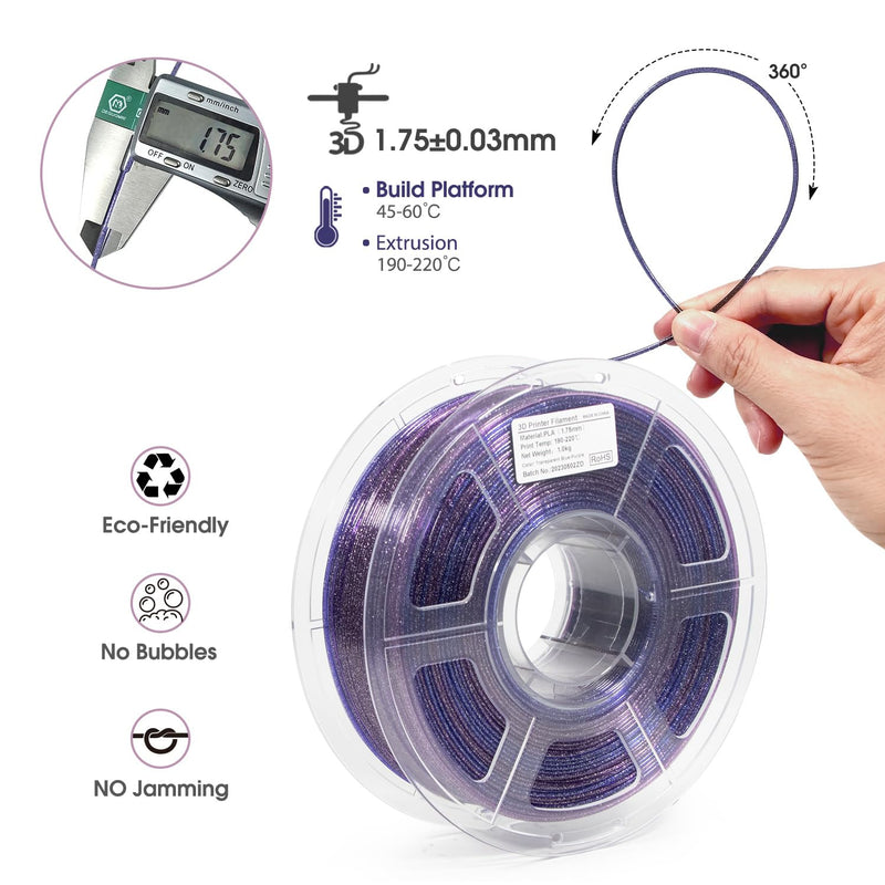 iSANMATE 3D Printer Filament Clear PLA, Multicolor Transparent Transition Glitter Filament, Gradient Purple Blue Multicolor PLA Filament, 3D Printing Filament 1KG/2.2lb, Blue Violet Galactic B- Glitter Blue Violet Galactic