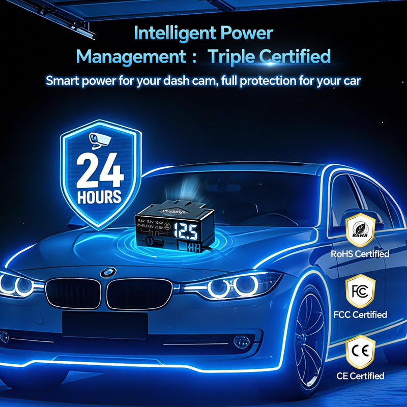 OBD2 to USB-C Power Cable for Dash Camera, OBD Dash Cam Hardwire Kit with Acc Detection, 4-Level Low Volt Protection & LED Voltmeter, Plug & Play OBDII Adapter for 24/7 Parking & Continuous Recording