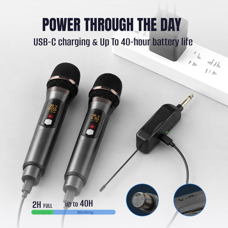 Wireless Karaoke Microphone, Dual Handheld Microphone Wireless Set for Singing, 2.4G 492Ft Range, USB-C Rechargeable, LED Display, 6.35mm/3.5mm Receiver for Karaoke Machine, PA System