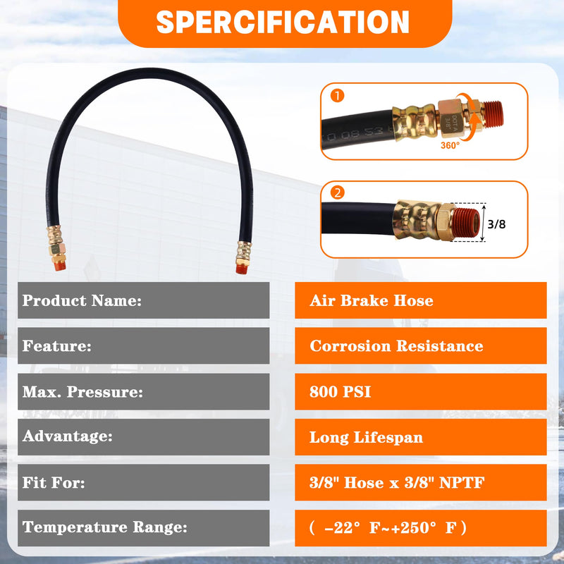 Gerguirry SAE J1402 Air Brake Hose 3/8" - 30" Heavy Duty Rubber Line w/Swivel Fitting for Semi Truck & Trailer Brake Chamber Repair 30 IN