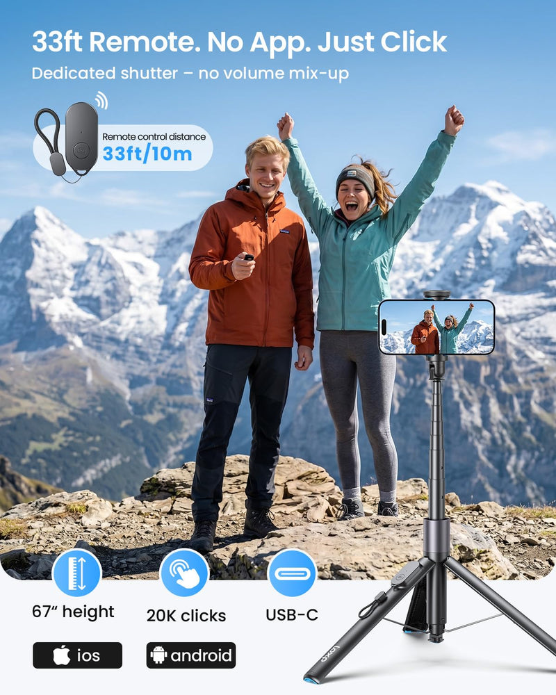 LOXP 67'' Phone Tripod with Remote, 0.01s Auto-Open for Content Creator | Selfie Stick for iPhone/ Android, Portable iPhone Tripod with Cold Shoe/ 1/4" Adapter for Travel, Vlog, Live, Golf, Video Black