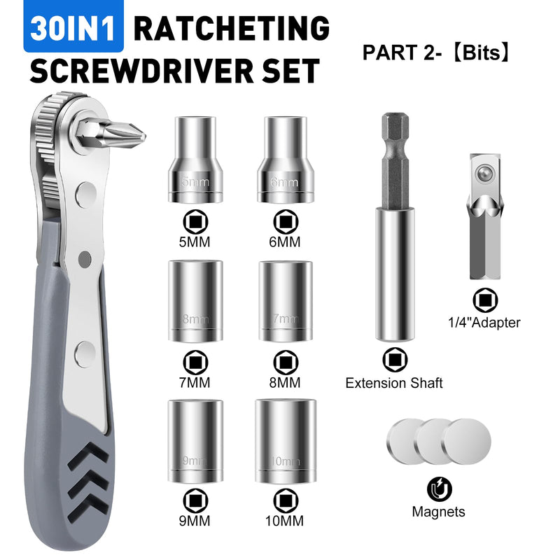 30in1 Right Angle Screwdriver, 36-Tooth Mini Ratchet Wrench, Angle Screwdriver for Tight Spaces, Low Profile Offset screwdriver, Magnetic Ratchet Screwdriver Repair Tool