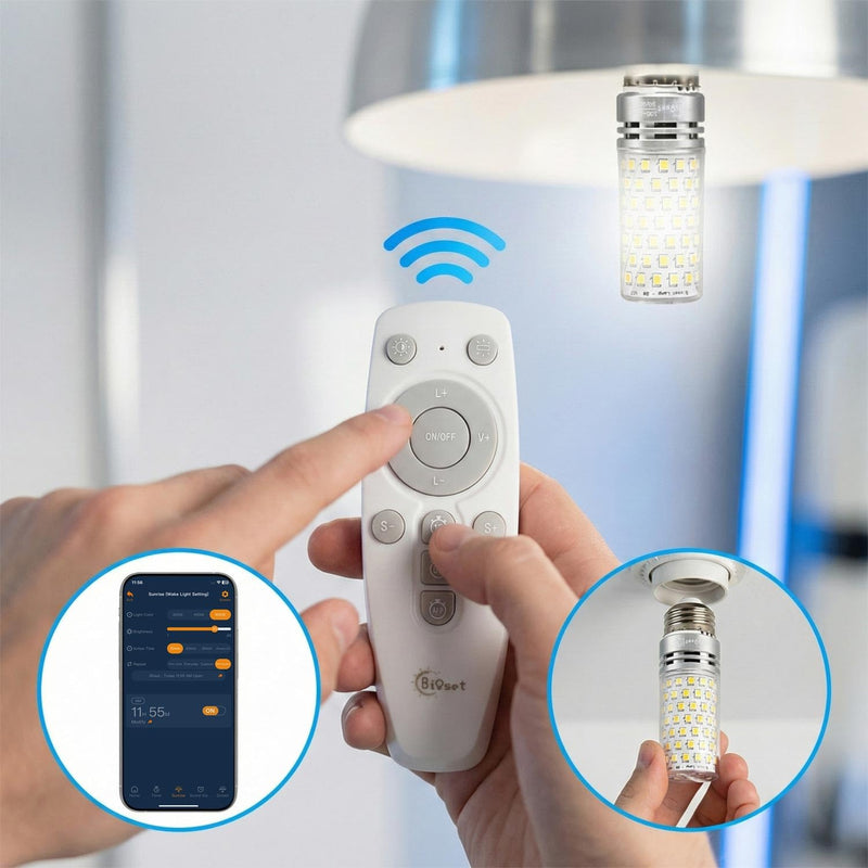 Smart LED Light Alarm Bulb with Sunrise Sunset Simulation | Natural Sounds, 2-in-1 Wake-Up & Sleep Aid, App + Remote Control, 800 Lumens, Bedroom Ambiance