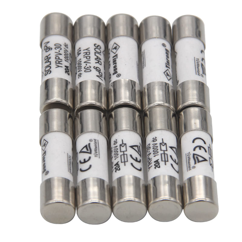 ZOOKOTO 10 Pcs 10x38mm 1000V DC Solar PV Photovoltaic Fuse 20A in line Fuse 20A UL:1000V DC In20A/40.3kA