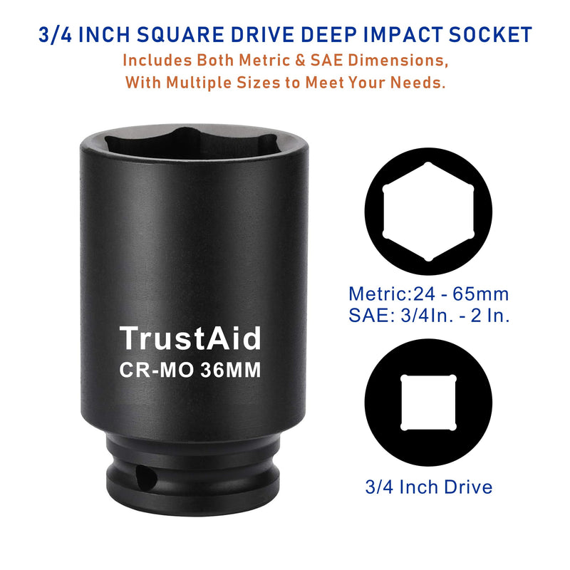 TurstAid 3/4 Inch Drive Impact Socket 60mm, Heavy Duty Cr-Mo Deep Impact Sockt, 6-Point Design, Metric