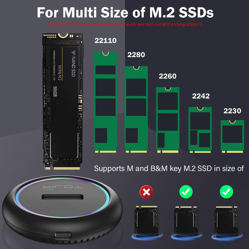 M.2 NVMe & SATA to USB C Docking Station, M.2 SSD to USB A C Reader Adapter for Both M Key & B+M Key NVMe PCIE and SATA NGFF SSD Dock, Size for 22110 2280 2260 2242 2230 RGB Light Enclosure M.2 Dock [Round Plastic with RGB]