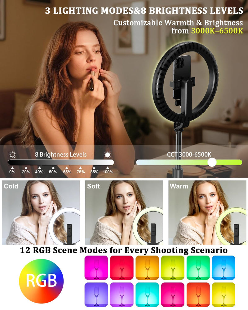 Vlogging Kit for iPhone/Android, 10” Ring Light with Stand, 74” Tripod for iPhone with Light, Microphone, YouTube Starter Kit for TikTok Content Creator 74"