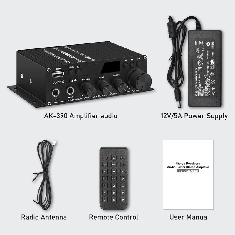 Stereo Amplifier Home Audio Receiver AK-390,AMP Speaker Bluetooth 5.0 Amplifier 400W+400W 2 Channels with 12V/5A Power Amplifier HiFi Amplifier FM Radio,(BT,USB, AUX, Mic)Input for Home Party