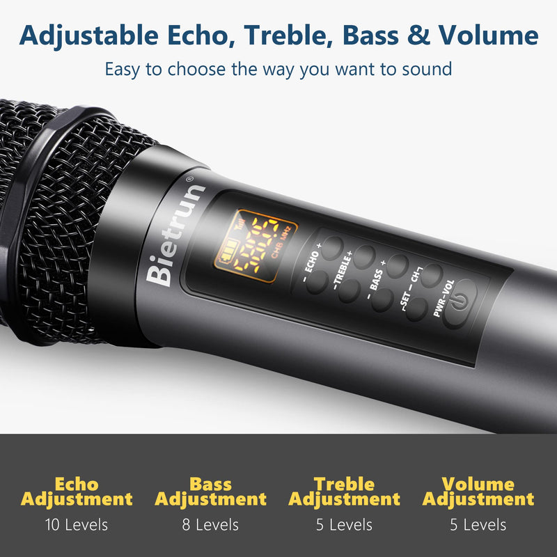 Bietrun Wireless Microphone with Echo/Treble/Bass, UHF 160ft Range, Dual UHF Cordless Dynamic Mic Handheld Microphone System for Home Karaoke, Meeting, Party, Wedding(Receiver with Bluetooth) 2-channel wireless microphone system with echo