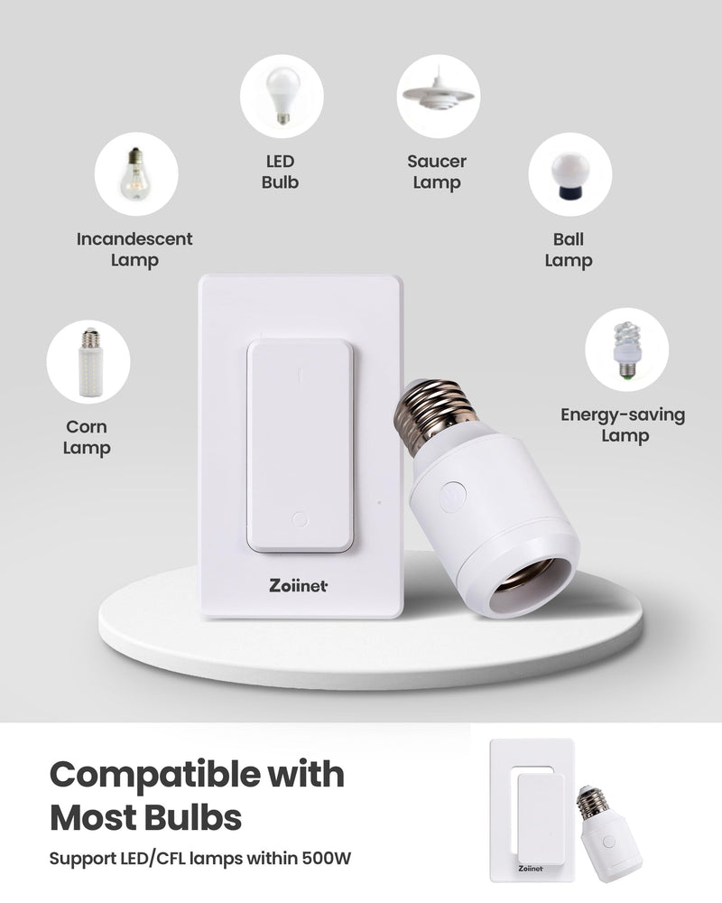 Zoiinet 500W Remote Control Light Bulb Socket, Wireless Light Switch for Pull Chain Lighting Fixture, with 2 E26 E27 Bulbs Base Holder, Programmable, No Wiring Needed 1 Switch 2 Sockets