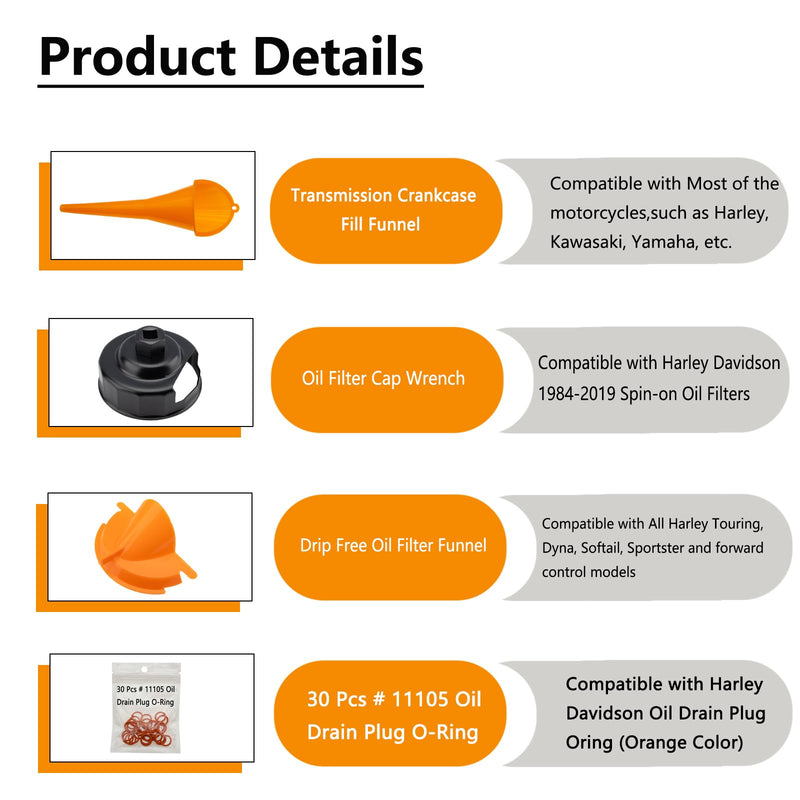 Oil Change Kit Oil Filter Cap Wrench,Crankcase Fill Funnel,Primary Case Oil Funnel,Drip-Free Oil Filter Funnel,30Pcs O-Rings,Compatible with Harley