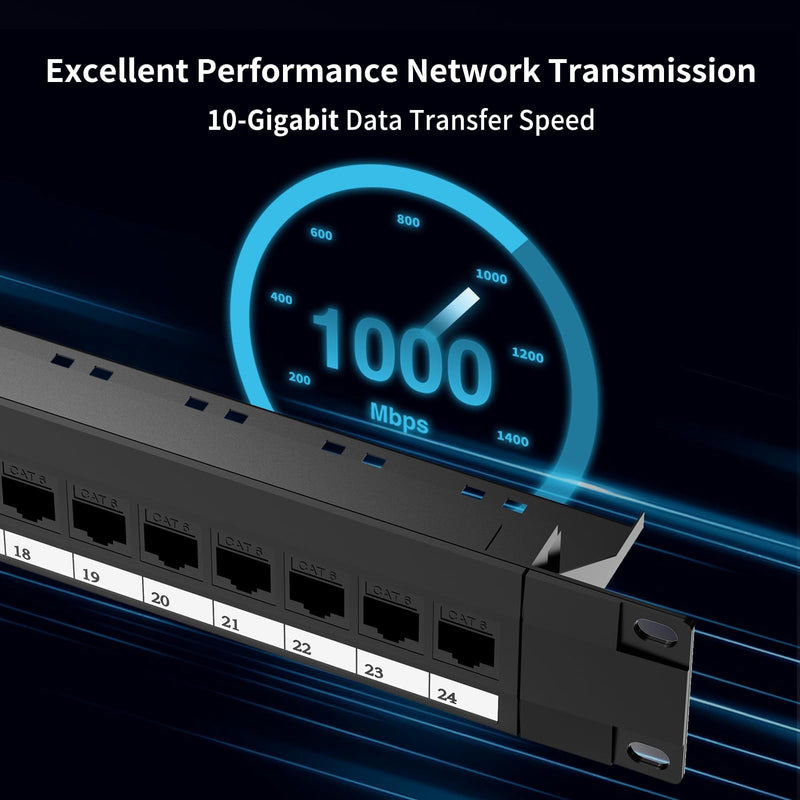CableGeeker Cat6 Patch Panel 24 Port with Inline Keystone, 10G Ethernet Support, 1U Network Patch Panel UTP 19-Inch with Removable Back Bar, Compatible with Cat6, Cat5e, Cat5 Rackmount Cabling