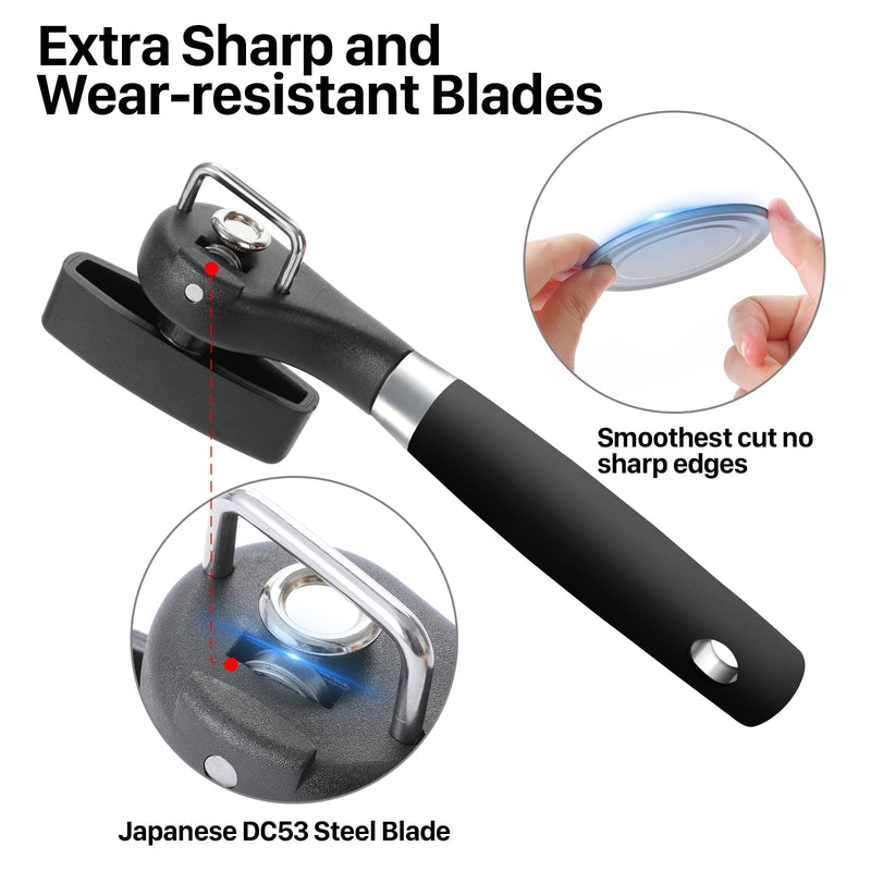 Can Opener, Safe Side Cut Manual Can Opener with Durable Sharp Blade, Smooth Edge Cutting, Effortless Big Knob, Comfortable Grip Handle, Black