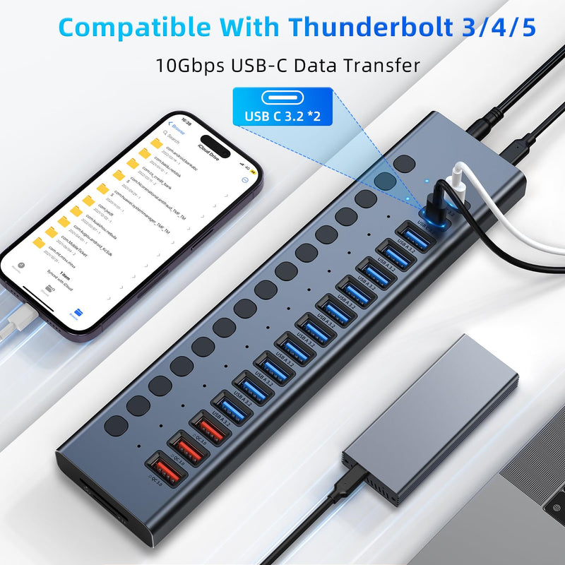 Powered USB Hub 10Gbps, 17 Ports 96W USB 3.2 Hub(10 USB-A 3.2 Ports+3 QC 24W Fast Charging Ports+2 USB-C 3.2 Ports+SD/TF Card Reader), 12V/8A Power Adapter for Laptop, PC, Computer, HDD,Flash Drive Gray