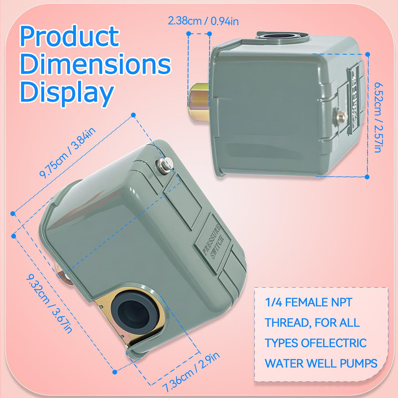 Well Pump Pressure Switch 40-60 PSI, Adjustable Differential, 1/4" NPT, Compatible with Square D 9013FSG2/Pumptrol, Low Pressure Cut-Off, Automatic Water Pump Switch - 2 Pcs