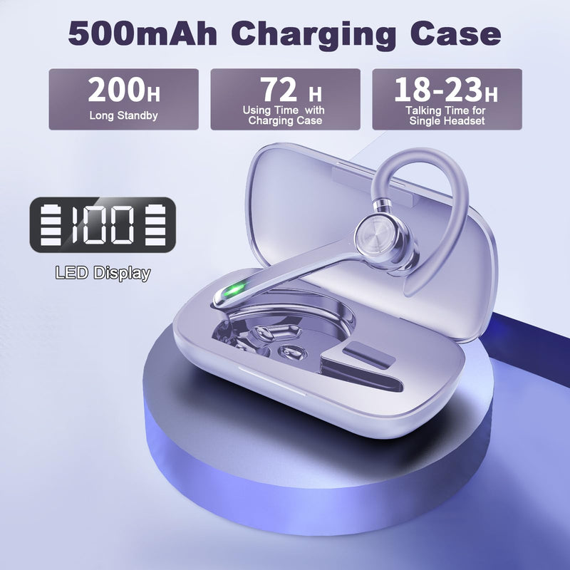 HEIBAS Bluetooth Headset, Wireless Earpiece with Mic for Work | 72H Playtime, 500mAh Charging Case, Hands-Free Calling with Mute Button for Work, Trucker, Office, Driving, Lilac Purple