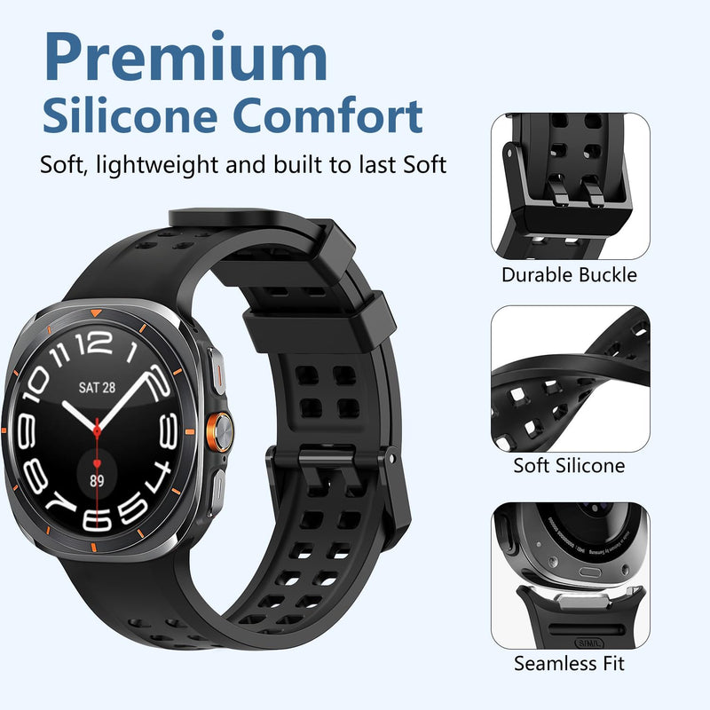 Sport Band Compatible with Samsung Galaxy Watch Ultra 9/8/7 Bands 47mm (2026/2025/2024), Rugged Ocean Wristband Breathable Silicone Sport Strap Waterproof Only for Galaxy Watch Ultra Bands Men Women Black S/M/L