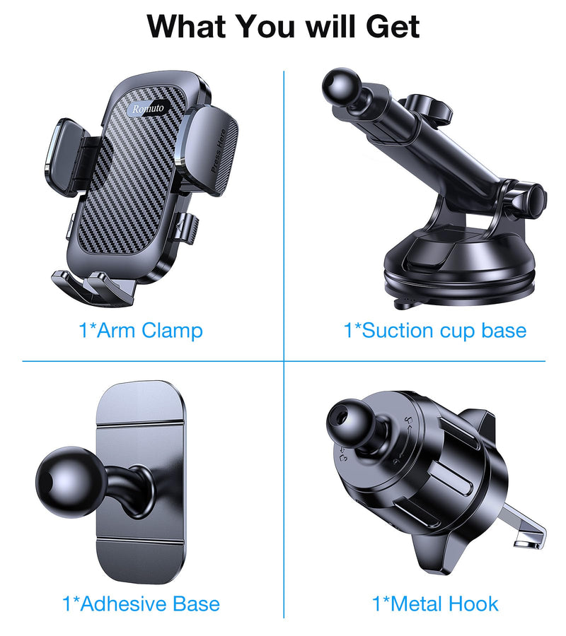Romuto Phone Holders for Your Car Phone Holder Mount【Super Suction】Cell Phone Holder for Car Accessories for Women Men【360° Adjustable】Suction Phone Mount for Car, Window, Bathroom for iPhone Samsung Dark Black