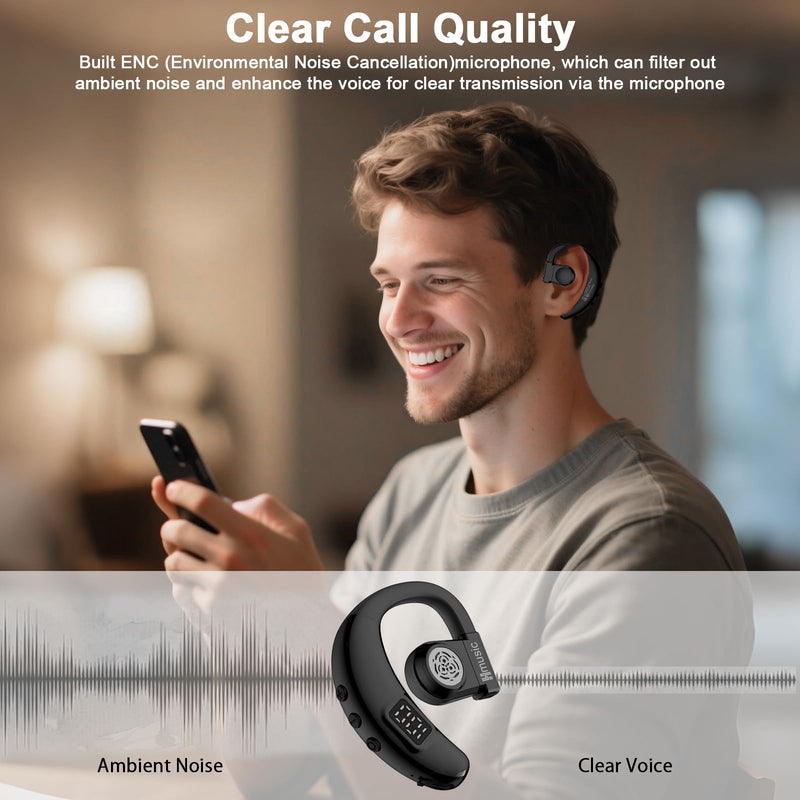 Hmusic I6 Bluetooth Earpiece – Single Ear Headset with ENC Mic, Bluetooth 5.4, 20H Battery with LED Power Display, 180° Rotatable Wireless Headset for Work, Driving & Office Calls | 180° Rotatable Earbud, ENC Mic, 20H Battery with LED Power Display, Mo...