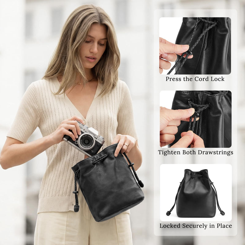 S-ZONESoft Leather Camera Insert Bag Drawstring Camera Pouch DSLR Lens Case | Top Grain Lambskin Leather, Drawstring Closure, Dust-proof, Scratch-resistant, Compatible with Canon Nikon Sony Large