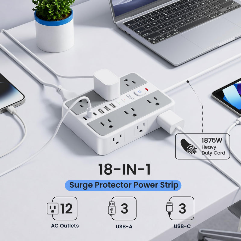6 FT/ 2400J Surge Protector Power Strip, 12 Outlets, 6 USB (3 USB C) | 3 USB-A & 3 USB-C Ports, 1.7" Wide-Spaced Outlets，2400J Surge Protection, 1875W/15A Flat Plug Extension Cord for Home, Office White / Gray 6 FT