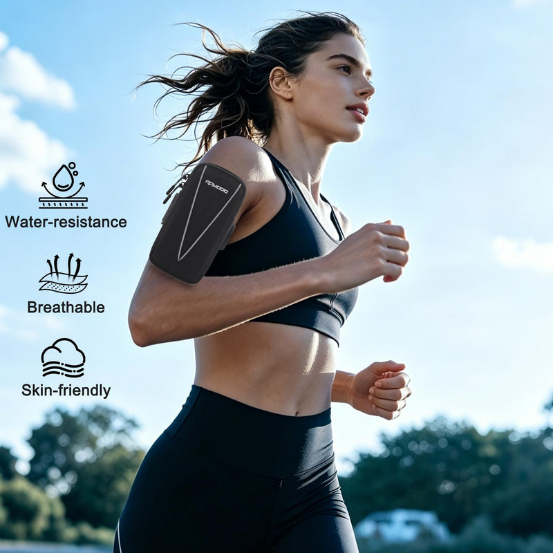 Phone Holder for Running Women Men, Large Capacity Armband 7.5” Blk | Water Resistant Phone Arm Bands for Running Walking, Adjustable Cell Phone Holder for iPhone 17 16 15 Samsung Galaxy S26 S25 01 - Black