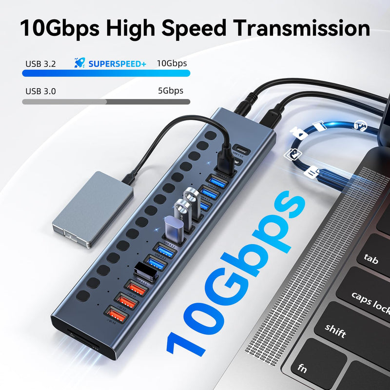 Powered USB Hub 10Gbps, 17 Ports 96W USB 3.2 Hub(10 USB-A 3.2 Ports+3 QC 24W Fast Charging Ports+2 USB-C 3.2 Ports+SD/TF Card Reader), 12V/8A Power Adapter for Laptop, PC, Computer, HDD,Flash Drive Gray