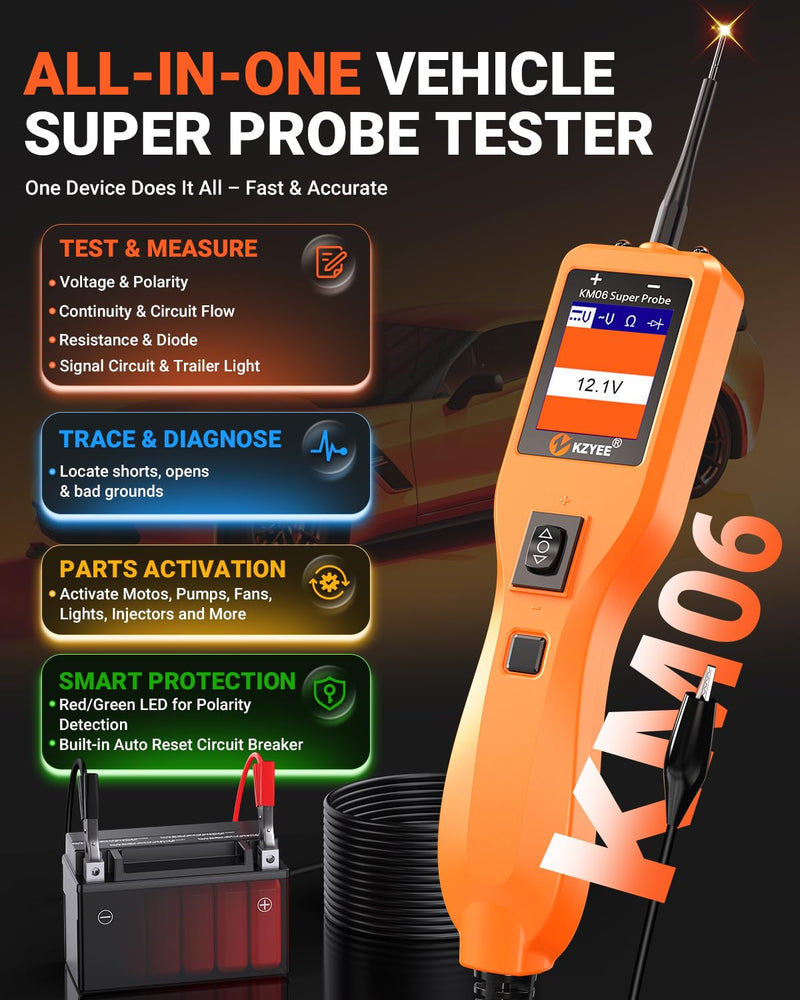 KZYEE KM06 Essential Power Circuit Probe Kit, 4-Mode Automotive Electrical Tool for 8–35V Systems, Stable Voltage & Continuity Check, Safe Component Activation for DIY Repairs