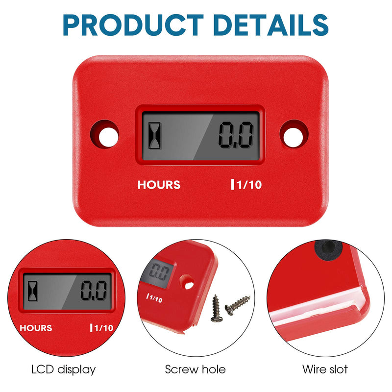 4 Pieces Hour Meters for Small Engines Inductive Digital Engine Meter Automatically Shutdown Tachometers Small Hour Tachometers for Motorcycle Lawn Mower Generator Chainsaws (Red) Red