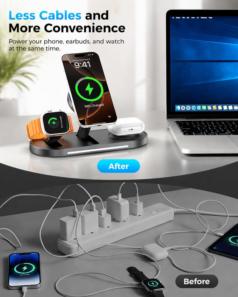 25W 3 in 1 Wireless Charging Station for Qi2.2 Magsafe Charger for Apple | for iPhone 17 16 15 14 Pro Max,Apple Watch,Airpods,Foldable Charging Stand, Cooling Fan, Multi Device Charging, Travel, Black