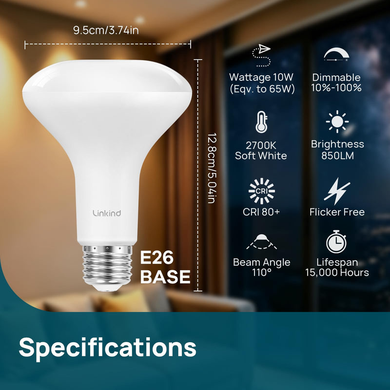 Linkind BR30 LED Flood Light Bulbs Indoor, 65W Equivalent Dimmable LED Recessed Bulbs, 10W 850 Lumens, 2700K Soft White E26, UL FCC Certified, Recessed Can Light Bulb for Bedroom Bathroom, 12 Packs 12 Count (Pack of 1)