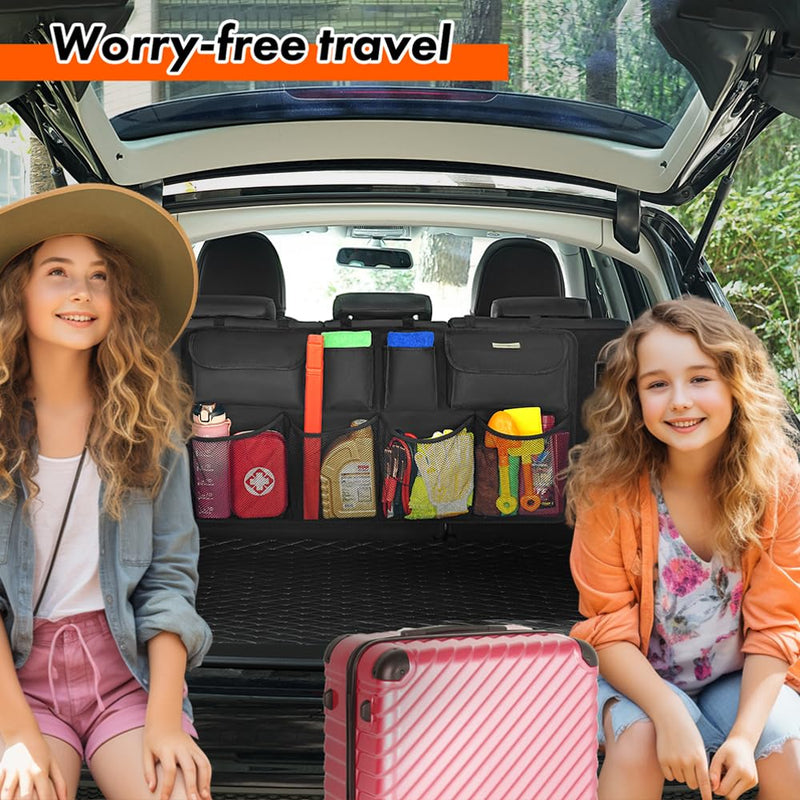 SURDOCA Car Trunk Organizer, 3rd Gen [7 Times Upgrade] Super Capacity Car Organizer SUV, Equipped with Robust Elastic Net, Hanging Car Storage Organizer with Lids, Space Saving Expert Black L-35.5x18.2in