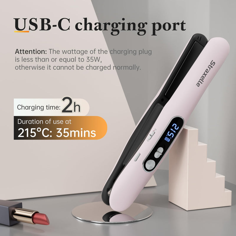 Mini Cordless Hair Straighteners, 2 in 1 Portable Flat Iron and Curler Adjustable Temp 175℃-215℃ Mini Straightener with LED Display,5000mAh Travel Straightener for Women Men (Pink) Pink