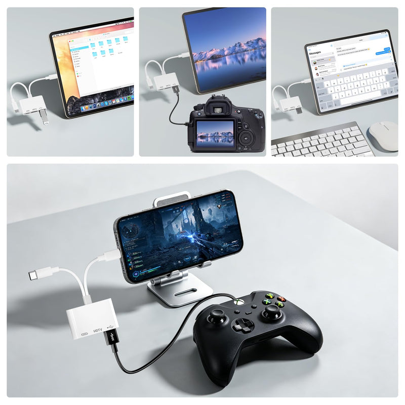 USB-C and Lightning to HDMI Adapter with USB for iPhone/iPad, 1080P MFi Lightning Digital AV Adapter with Charging Port for iPhone 17/16-6/iPad to HDTV/Projector/Monitor,USB2.0 Supports Keyboard/Mouse