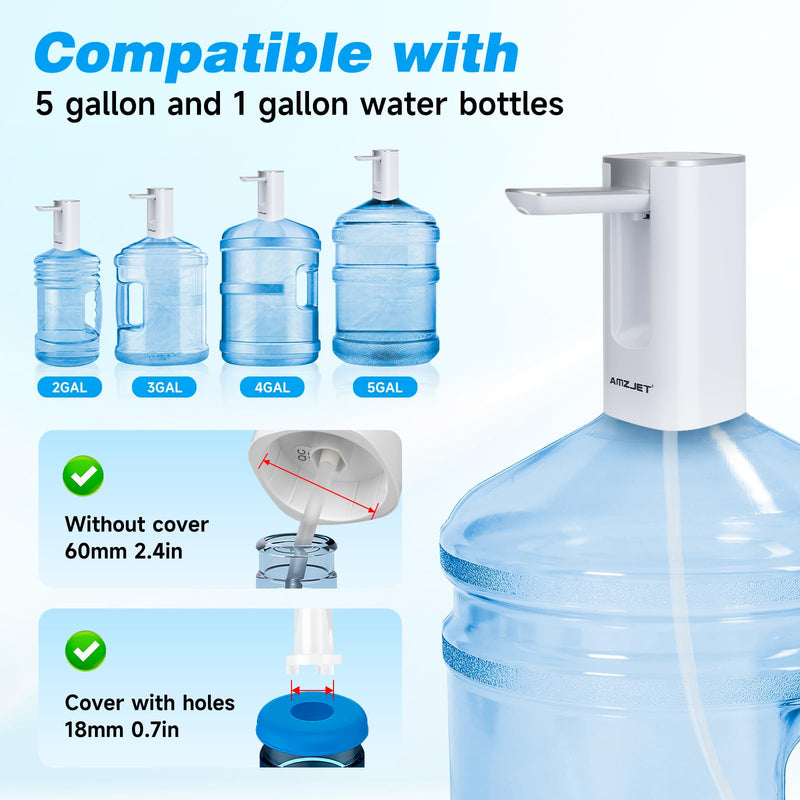 Water Dispenser for 5 Gallon Bottle with Digital Display, 4 Dispense Modes, Portable USB Charging Electric Water Pump, Foldable Spout, Food-Grade Water Jug Pump for Home, Office, RV, Campin(White) White