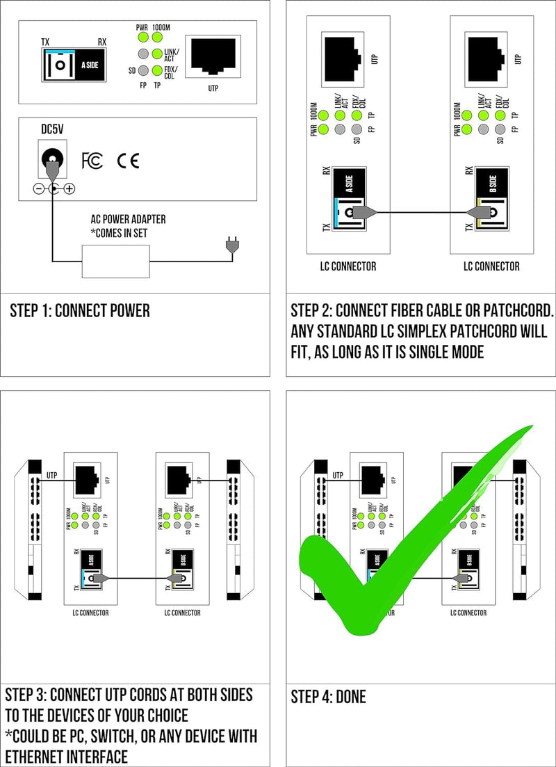 Single Mode LC WDM Single Fiber Bi-Di Gigabit Media Converter - Built-in Fiber Module 20km (12.42 Miles) - to UTP Cat5e Cat6 10/100/1000 RJ-45 - Auto Sensing Gigabit or Fast Ethernet Speed -1 Pair
