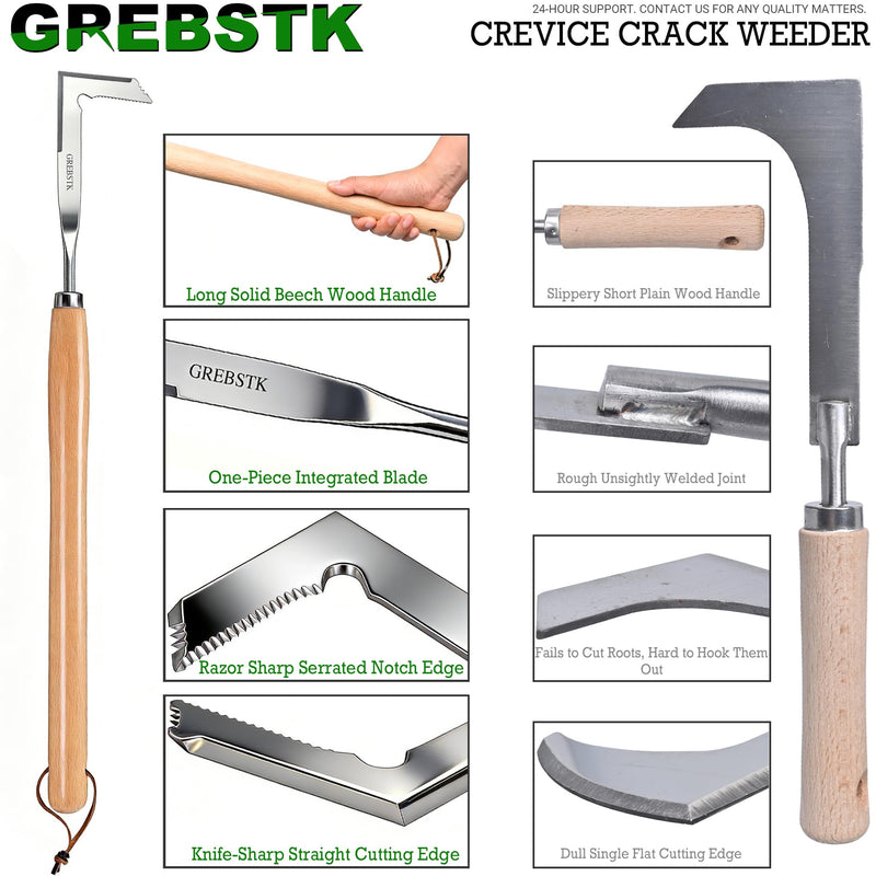 GREBSTK Crack Weeder Crevice Weeding Manual Stainless Steel Gardening Tool | L-shaped blade, razor-sharp hardened, rust-resistant, comfortable handle, 22in, for sidewalk cracks, driveway gaps, edging 22" Crack Weeder
