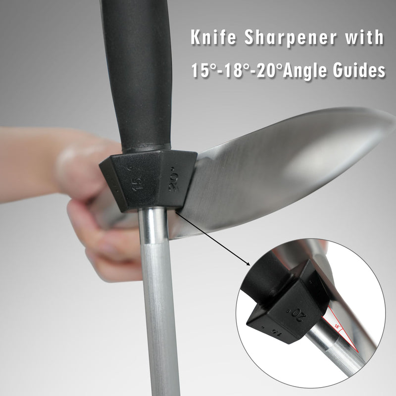 Knife Sharpener Knife Sharpening Rod Honing Steel with 15°-18°-20°Angle Guides Professional Carbon Steel with Black Rubber Grip for Kitchen Chef House Gift 12'' G Type-Black 12 inch