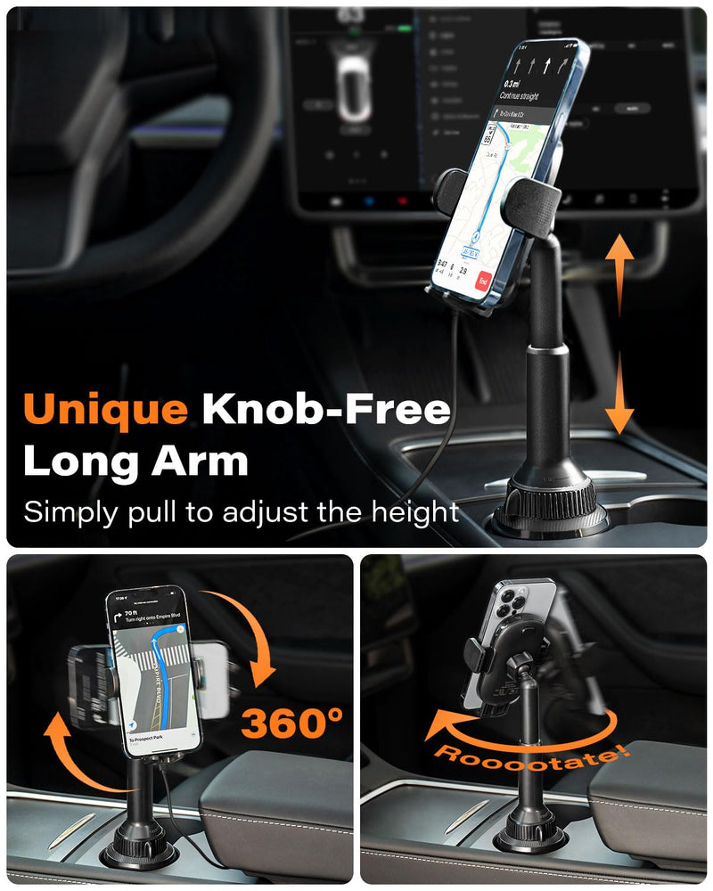APPS2Car 15W Qi Wireless Car Charger Solid Cup Holder Mount, Adjustable Long Arm & 360° Rotation, Fits 3"–4" Round Cup Holders, Works with Cases ≤ 4 mm (No Metal Attachments) Upgraded Wireless Charger