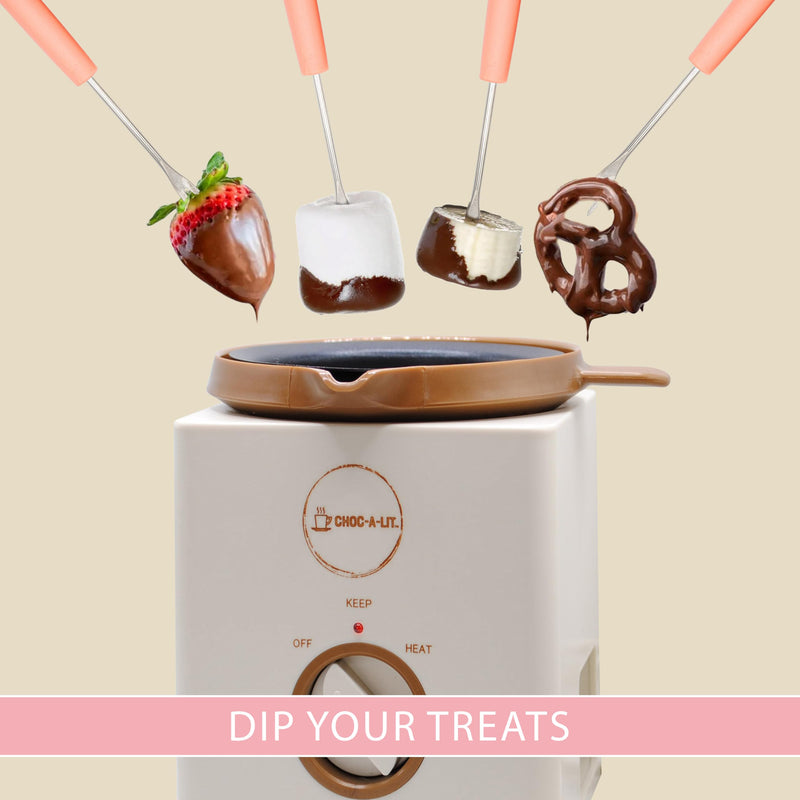 chocolate melting pot for dipping strawberries, pretzels, Cake Pops Fondue Includes 4 forks, handle for pouring chocolate into molds maquina para derretir chocolate